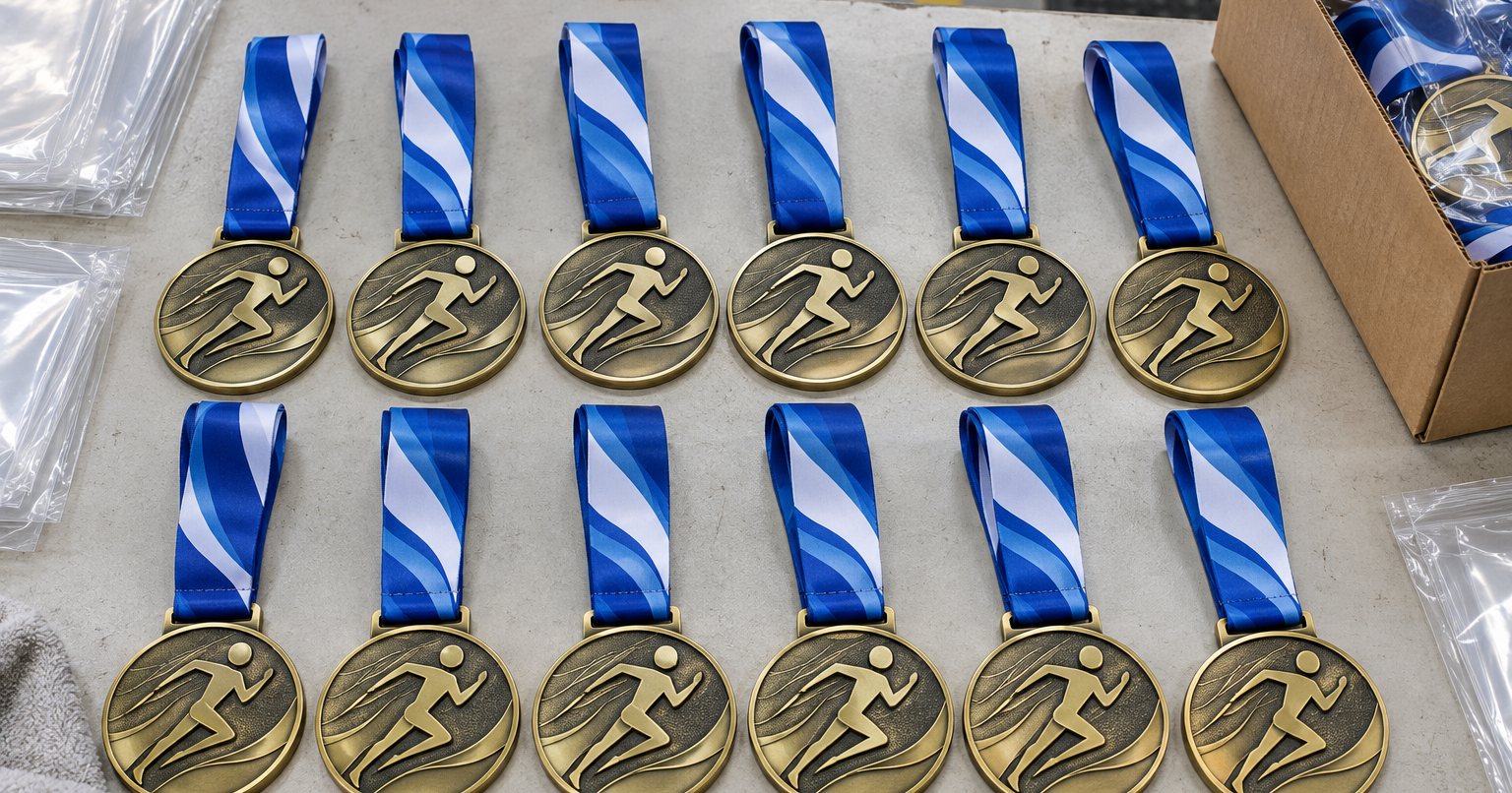 Marathon finisher medals with printed ribbons laid out on a table before packing
