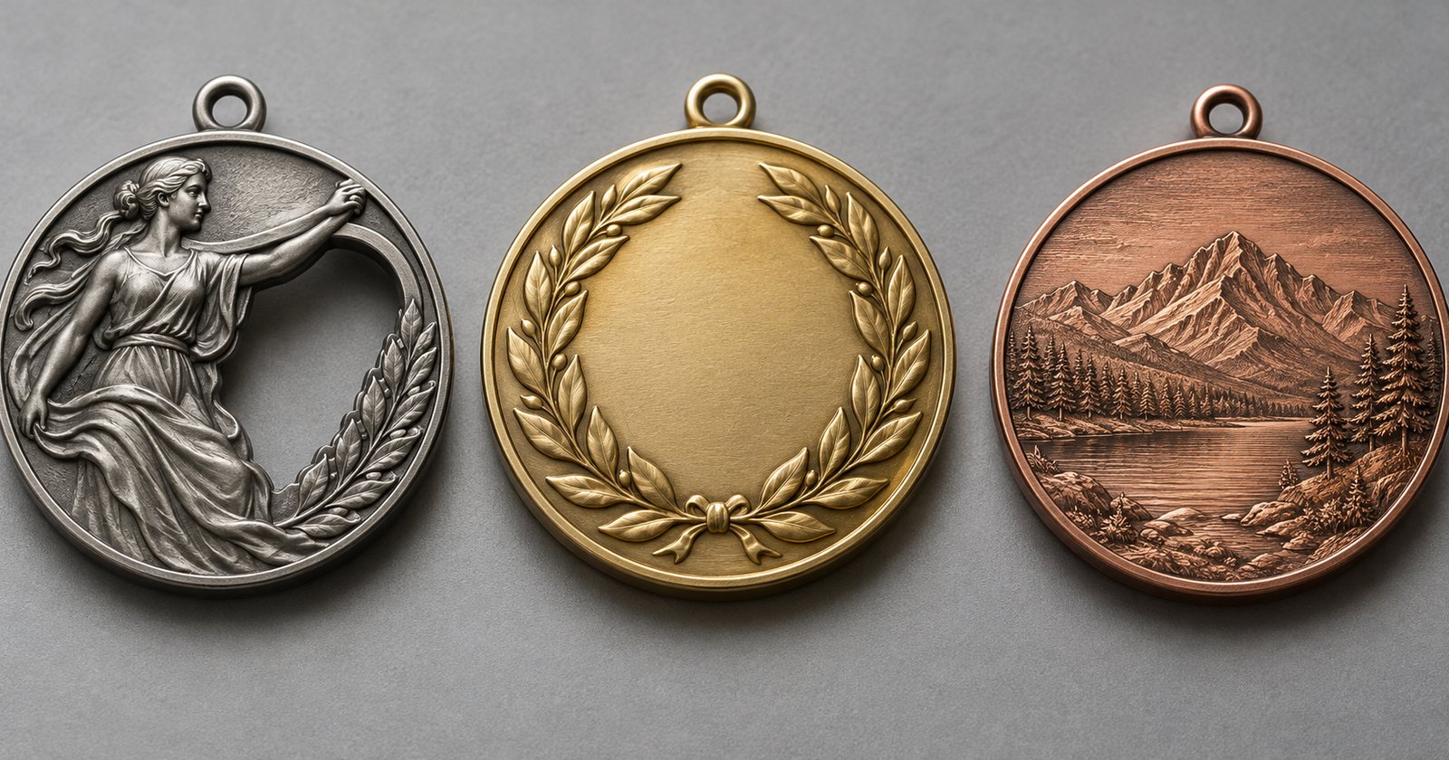 Three unplated medal blanks in zinc alloy, brass and copper showing the colour of each metal