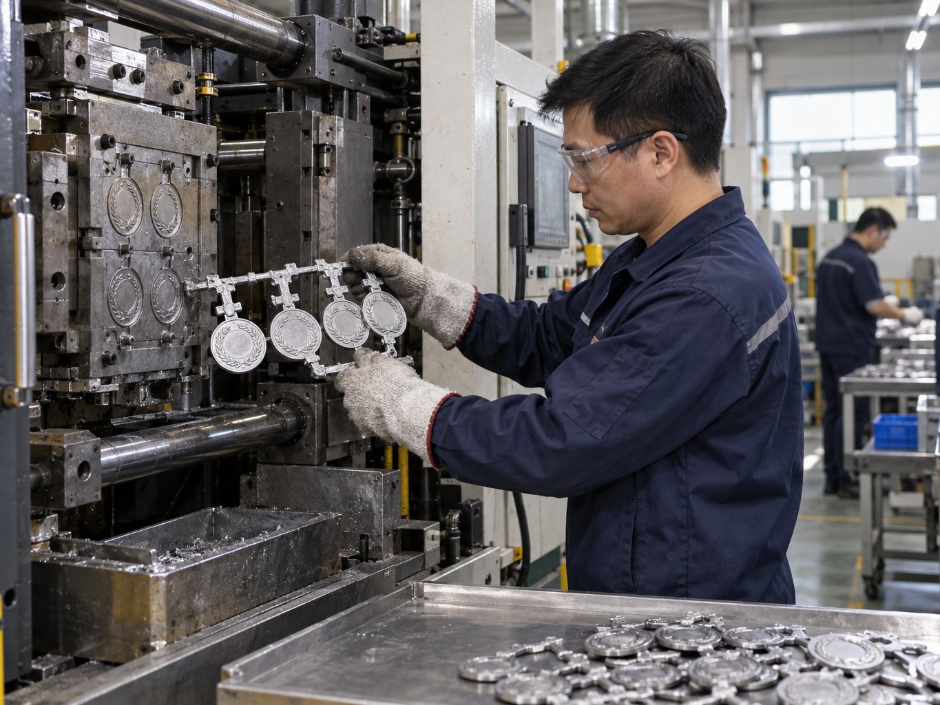 Zinc alloy die-casting machine with freshly cast medals