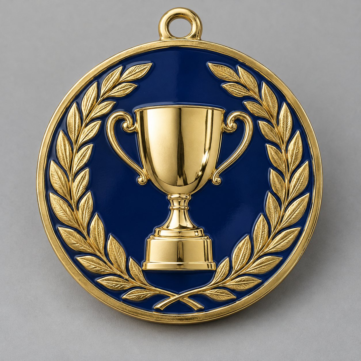Round championship award medal in shiny gold with smooth navy hard enamel