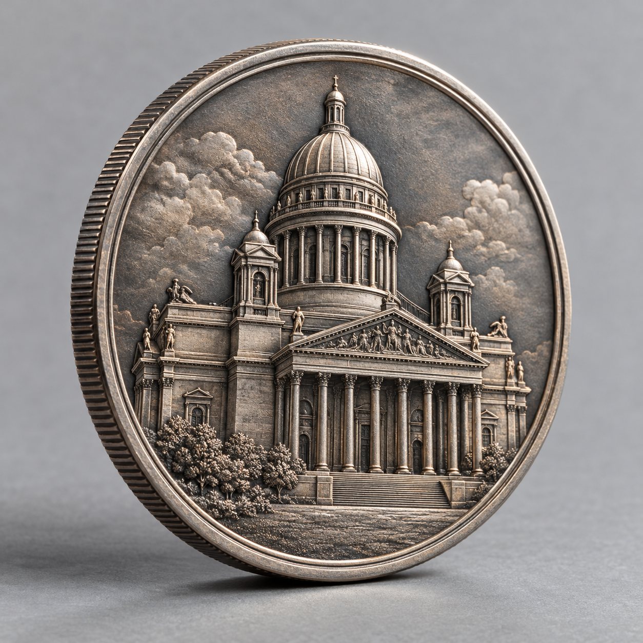 Antique silver commemorative coin with a 3D landmark in relief and a reeded edge