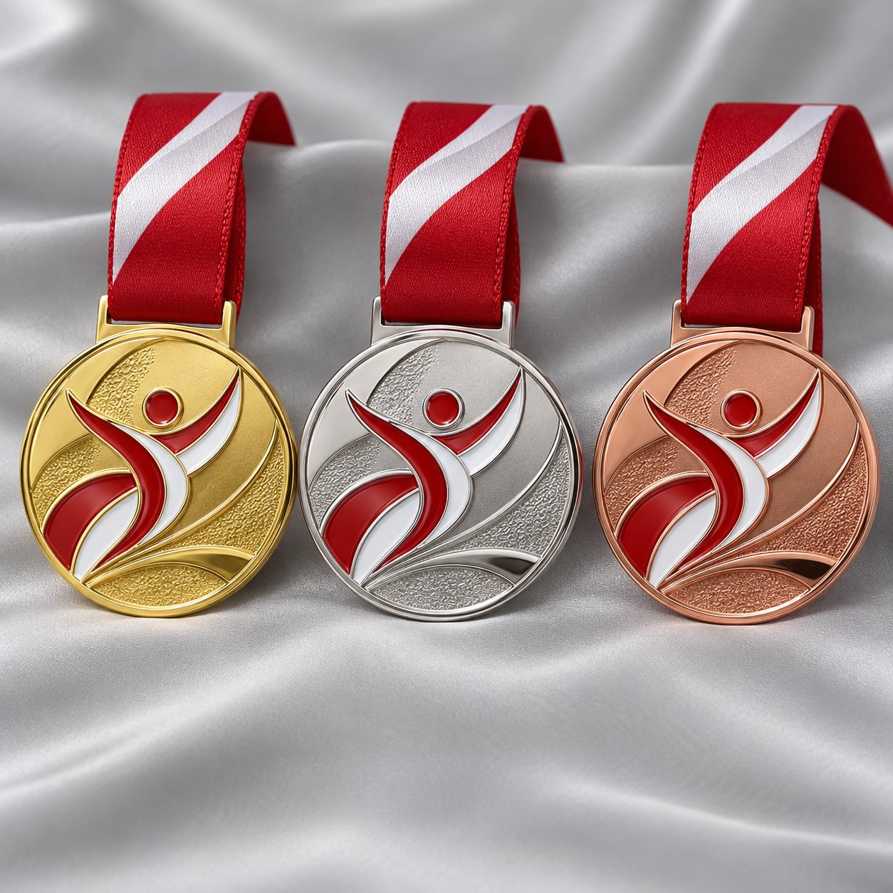 Gold, silver and bronze medal set for a multi-sport games with red and white enamel