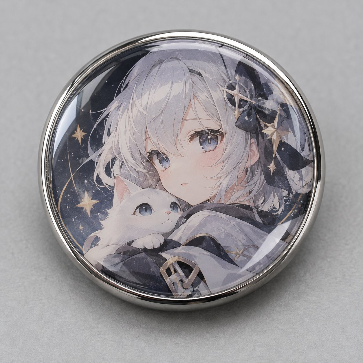 Round badge with an original anime-style character printed in full colour