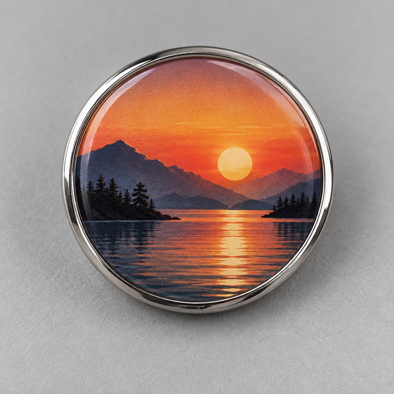 Silver pin with a printed gradient illustration under a clear epoxy dome