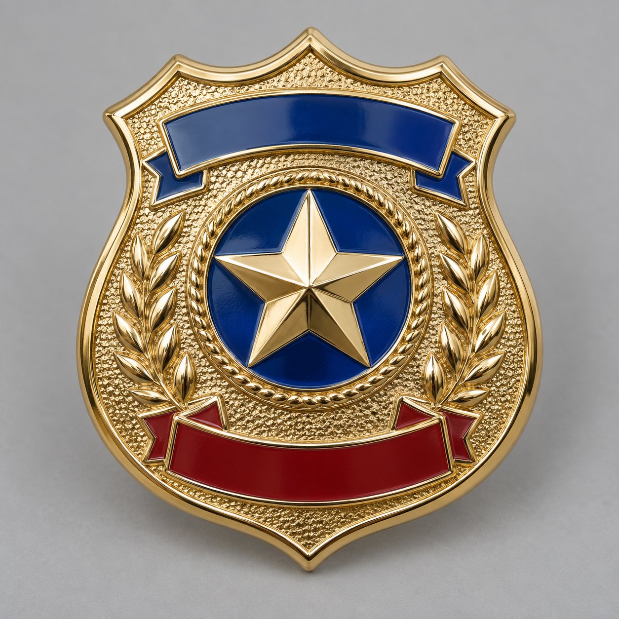 Gold shield-shaped security company badge with blue and red hard enamel