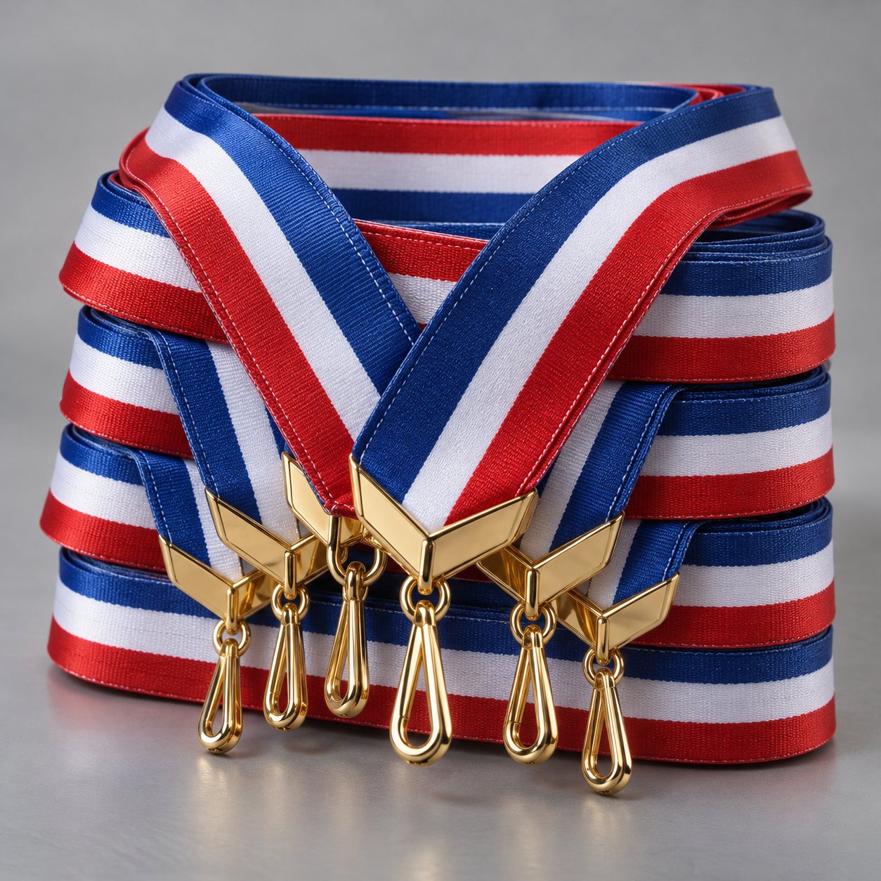 Stack of sublimated medal ribbons in event colours with V-neck hooks