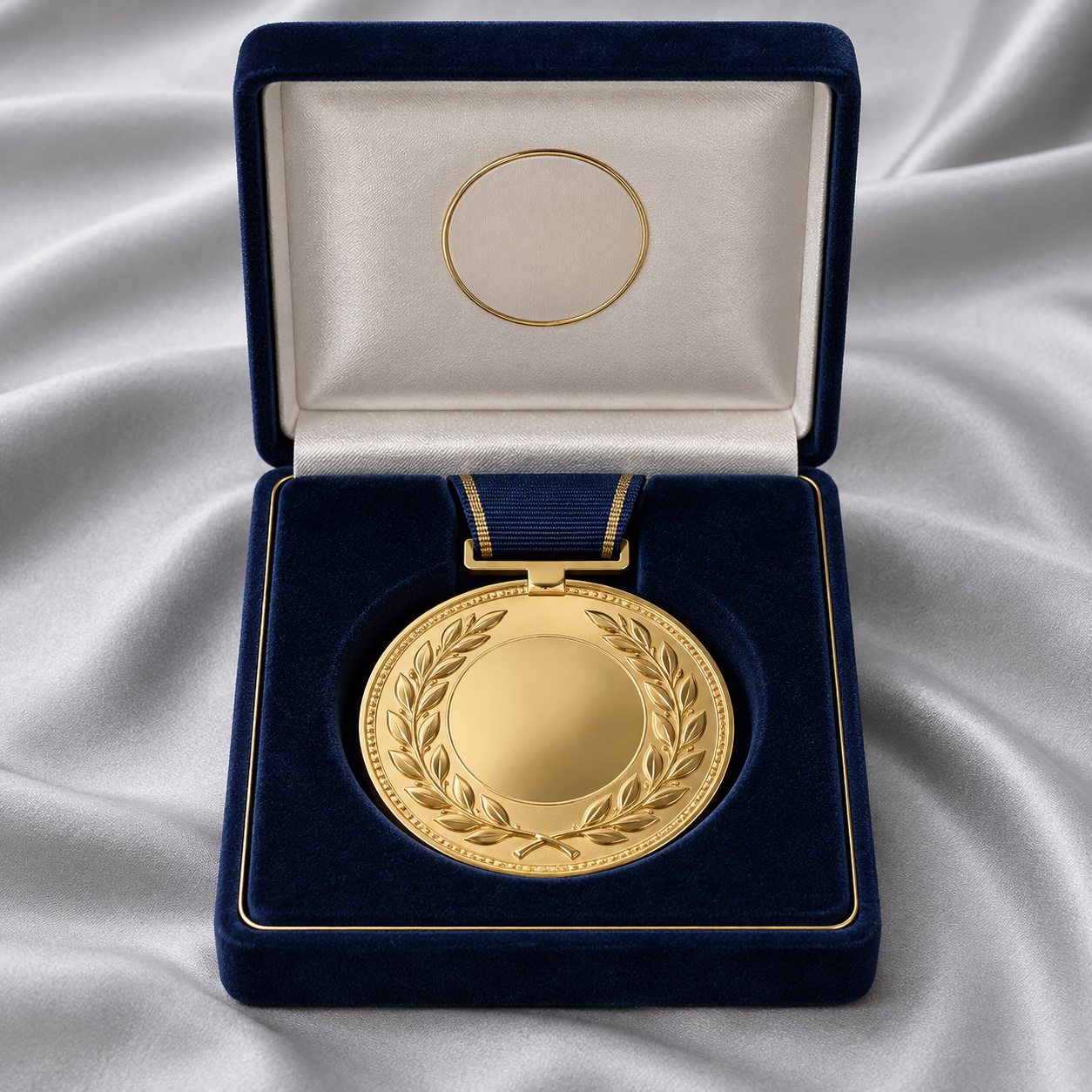 Open navy velvet box holding a gold medal on a fitted insert