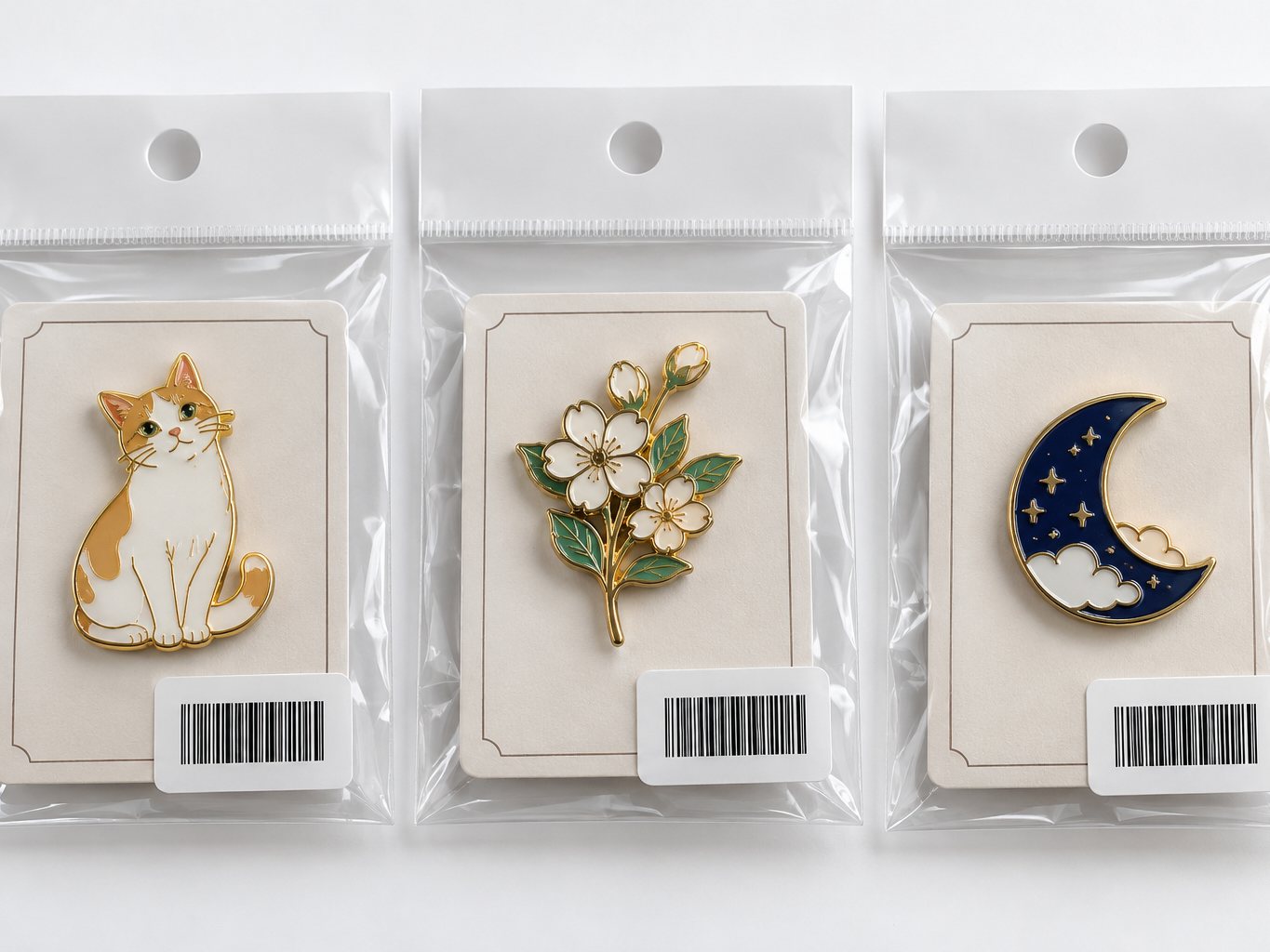 Enamel pins on printed backing cards in OPP bags with header cards