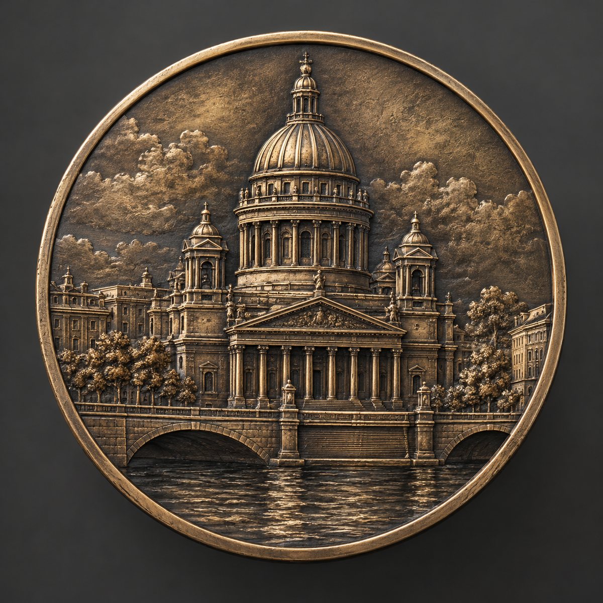 Antique bronze coin with a sculpted 3D relief portrait