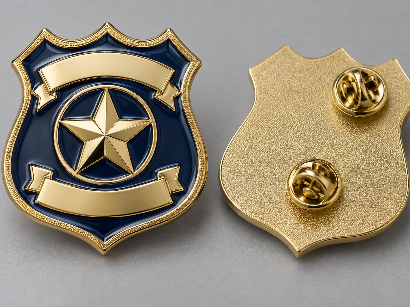 Gold-plated brass shield badge with dark blue hard enamel and a raised star emblem