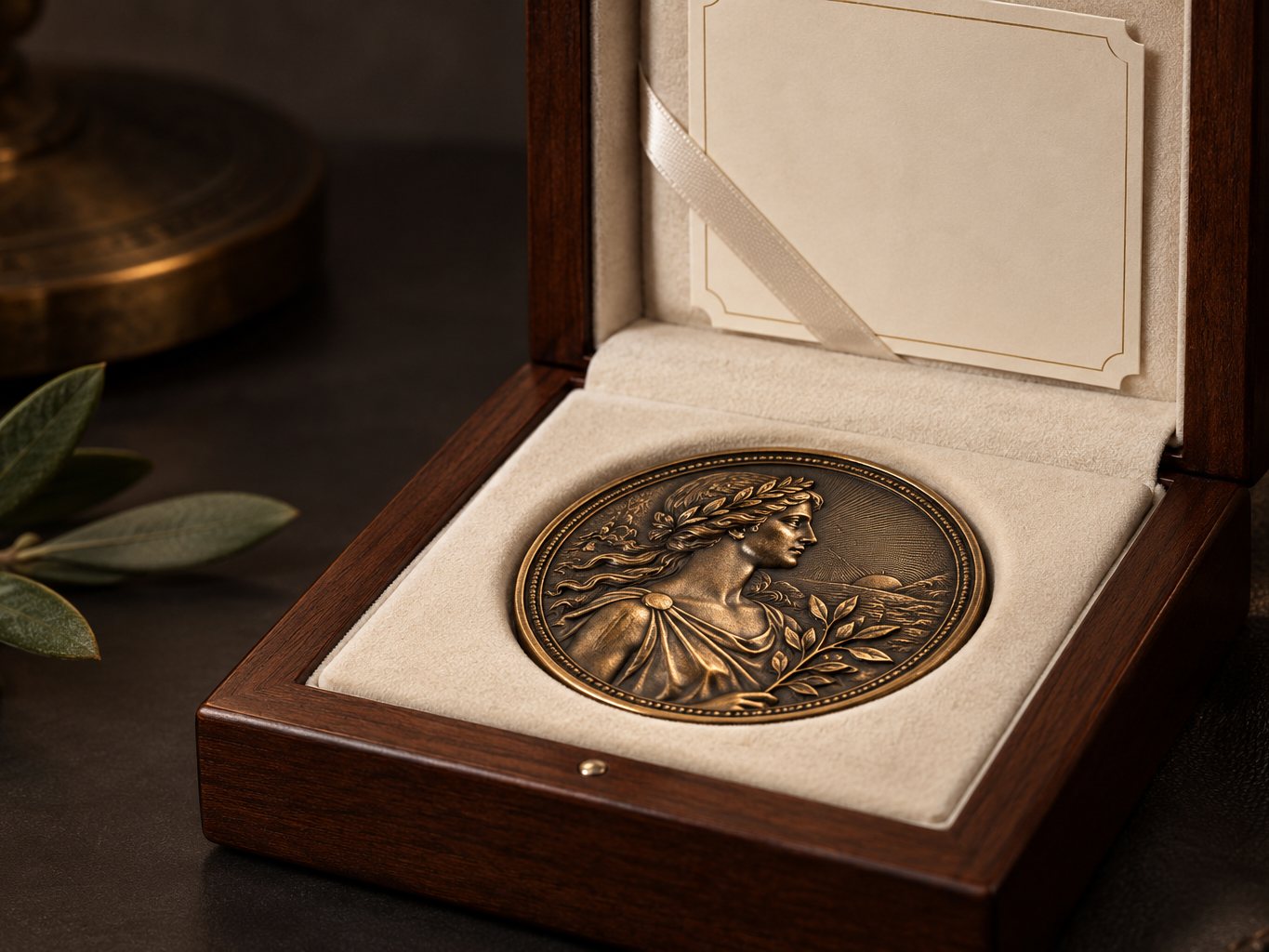 Numbered limited-edition coin in an open wooden display box with a certificate card
