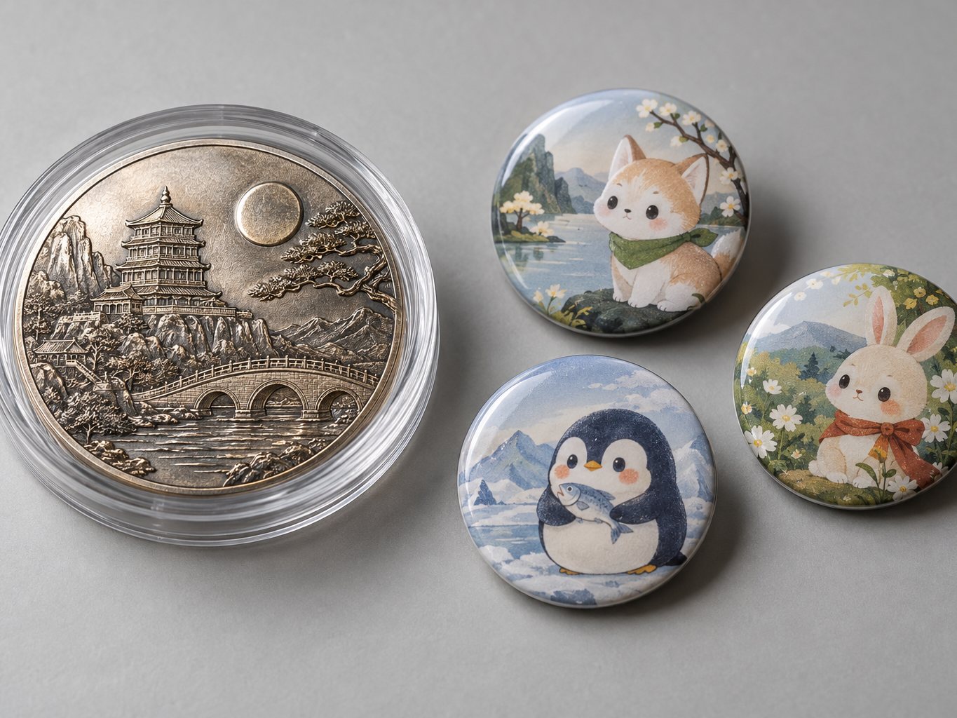Antique silver commemorative coin in a clear capsule beside printed character badges
