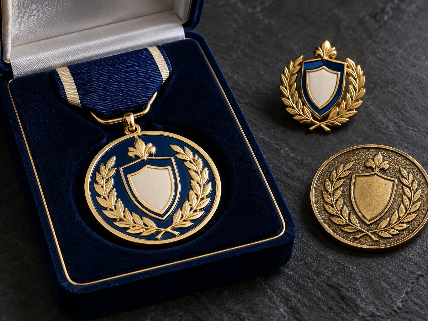 Hard enamel award medal, crest badge and challenge coin in a navy presentation box